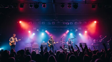 Rock band performs on stage to a cheering crowd at a concert with bright lights - Powered by Adobe