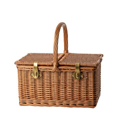 Wicker picnic basket with handle and latches isolated on transparent background