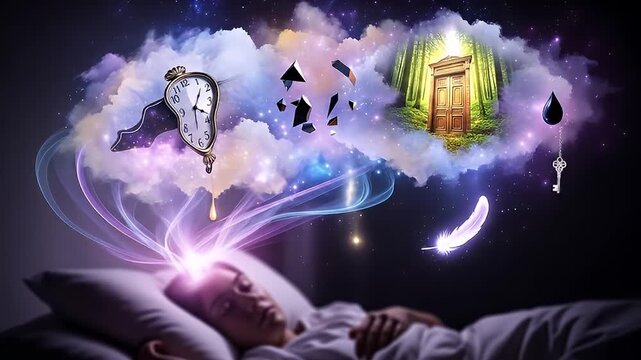 Surreal depiction of a person's dream world with a melting clock and a mysterious door floating in a cloud.