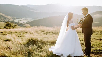 Wedding couple sharing a kiss in golden hour on a hillside with mountain views