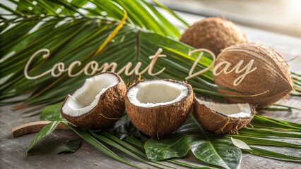 Coconut Day, Open brown coconuts revealing creamy pulp resting on palm leaves.