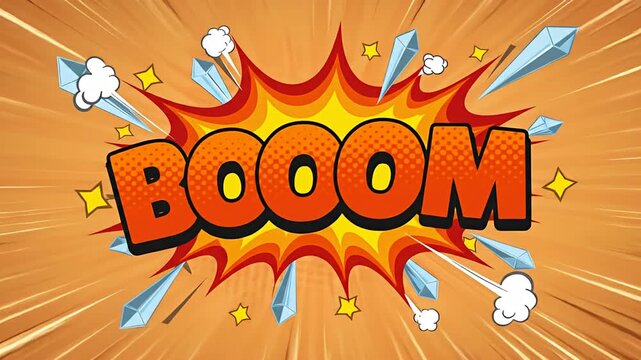 Comic-style 'BOOOM' graphic exploding with shapes on an orange radial background
