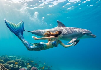 Woman in mermaid tail with dolphin underwater