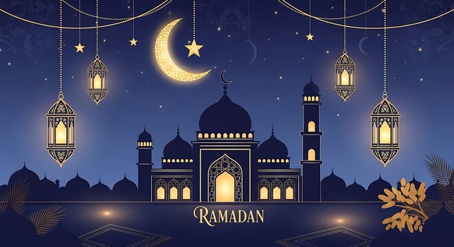 Ramadan themed illustration featuring a mosque silhouette and hanging lanterns under a crescent moon - Powered by Adobe