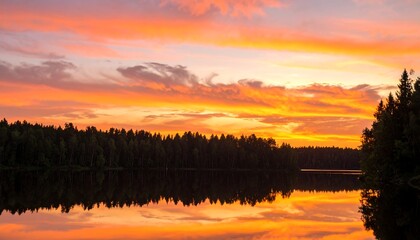 Sunset reflecting on a calm lake, silhouetted forest edge.
