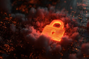 A digital illustration of cloud security with an orange padlock and red glowing data stream on a dark background, 