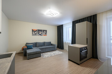 modern living space featuring a gray sectional sofa, neutral walls, a small rug, and a kitchen area with gray cabinetry