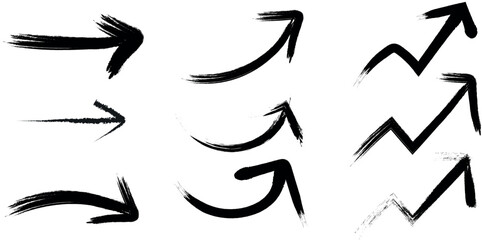 Black paint strokes form direction signs and zigzag charts on transparent white backdrop