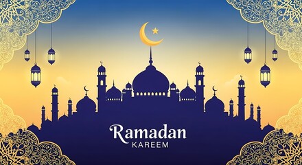 Silhouette of mosque with crescent moon and star against a gradient sky with lanterns and decorative border
