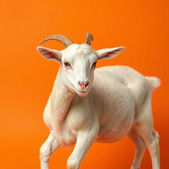 Fototapeta premium A Pristine White Goat Strikes a Pose Against a Vibrant Orange Backdrop in Studio