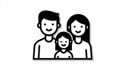A flat icon style illustration of a family, with thick black lines forming the parents and their child, with smiling faces