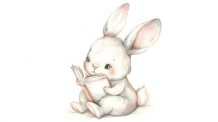 Obraz premium watercolor painting cute baby bunny sitting reading book
