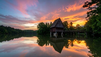 Fototapeta premium A tranquil wooden hut sits on stilts over a serene lake, reflecting the vibrant colors of a peaceful sunset.
