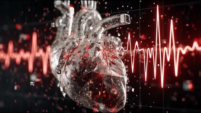 Hypertension blood pressure. Vascular medication. Cardiovascular lifestyle. Artery treatment. A stylized, transparent human heart with a red heartbeat graphic.