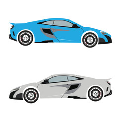 Two sports cars in blue and grey isolated on white background, a simple and modern design element for transportation