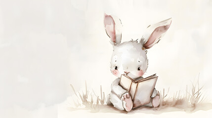 Obraz premium watercolor painting cute baby bunny sitting reading book