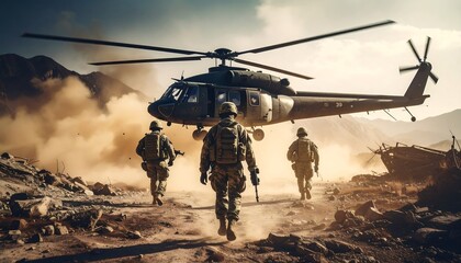 Military personnel advance across a desolate landscape, supported by a hovering helicopter amidst a dusty atmosphere.