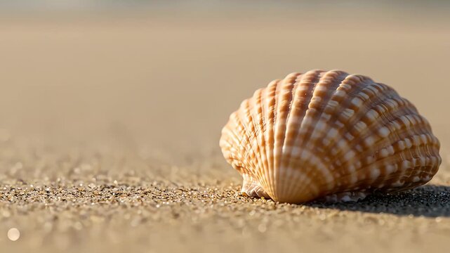 Seashell on sand a brown and white shell sits on golden sand in warm, bright sunlight