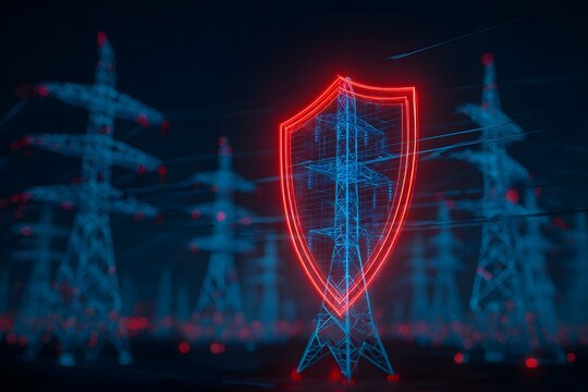 A digital shield with an energy grid background, symbolizing the protection of power networks from cyber threats, is depicted in red and blue colors. - Powered by Adobe