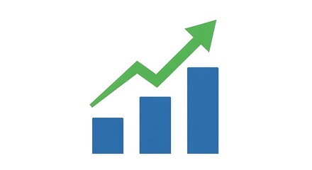 A red 3D bar chart with an upward arrow shows business growth and financial success