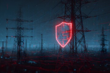 A digital shield with an energy grid background, symbolizing the protection of power networks from cyber threats, is depicted in red and blue colors.