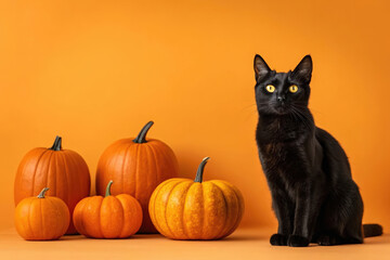 A Sleek Black Cat Sitting Beside a Collection of Orange Pumpkins Against a Vibrant Orange Backdrop for Autumn
