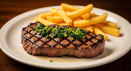 Grilled Steak with French Fries.
