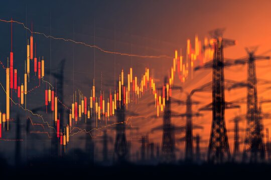 A digital stock market graph with an electric power grid in the background,