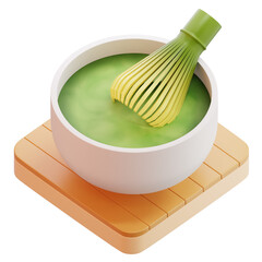 3D Matcha Tea Bowl with Bamboo Whisk Illustration