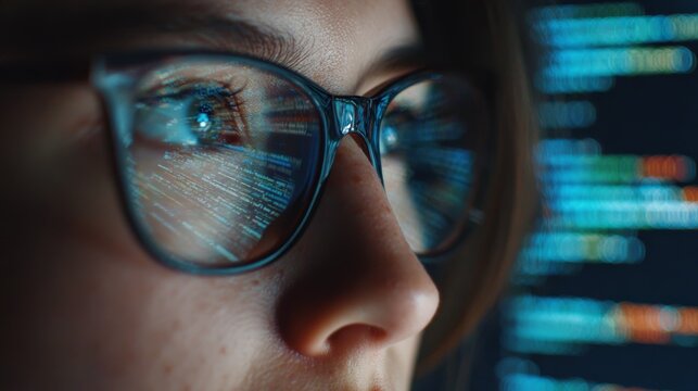 Tech enthusiast analyzing code office close-up focused environment intense concept