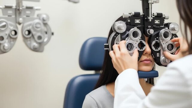 General People & Lifestyle Woman Undergoing Eye Examination with Phoropter in Eye Clinic