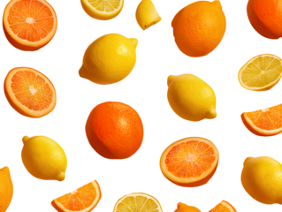 0 - Vibrant pattern of oranges and lemons on a yellow background isolated on a transparent background