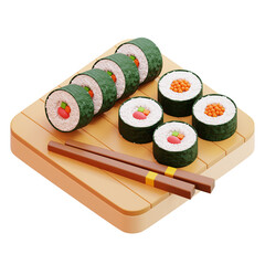 3D Sushi Roll on Wooden Board Illustration