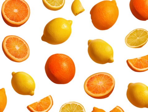 0 - Vibrant pattern of oranges and lemons on a yellow background isolated on a transparent background