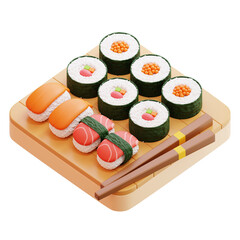 3D Sushi Set on Wooden Board Illustration