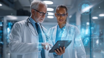 Digital interface in healthcare medical professionals analyzing patient data in high-tech labs