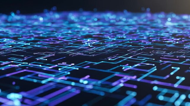 Abstract digital grid with glowing blue and purple lines on a dark background