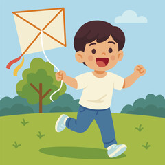 Little Boy Playing Kite in the Park