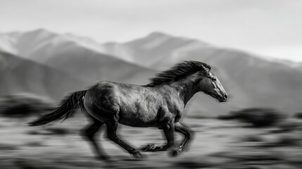 Fototapeta premium A majestic horse in full gallop against a backdrop of towering mountains, captured in a striking black and white image, conveying a sense of freedom and speed.