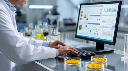 Laboratory researcher analyzing data in modern science lab high-tech environment close-up view