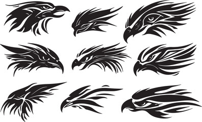 Black and white bird and wing vector illustration set with floral elements.