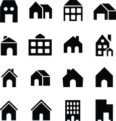 A diverse collection of black house and building icons in a simple silhouette style. This vector set features various architectural symbols for real estate