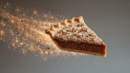 Slice of pumpkin pie with spice dust sparkling around it evokes warm feeling of everything cozy and delicious in autumn