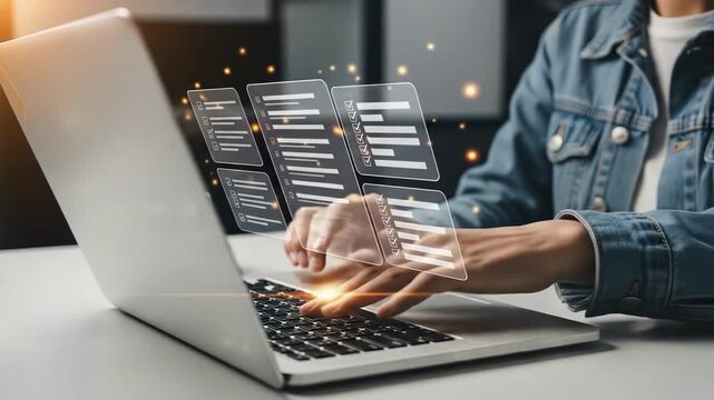 Hands type rapidly on a laptop keyboard Glowing code floats above the screen showing advanced technological expertise digital skills and a focused workspace