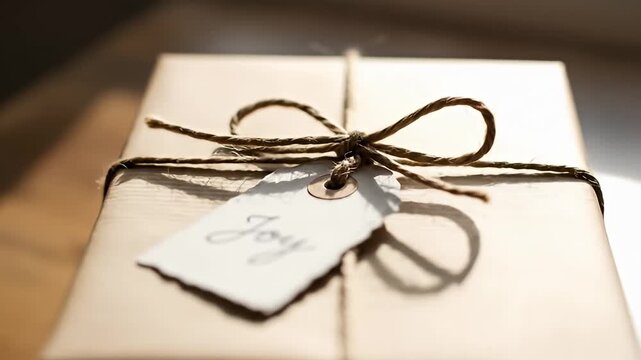 Wrapped present with a twine bow and "Joy" tag, illuminated by soft sunlight