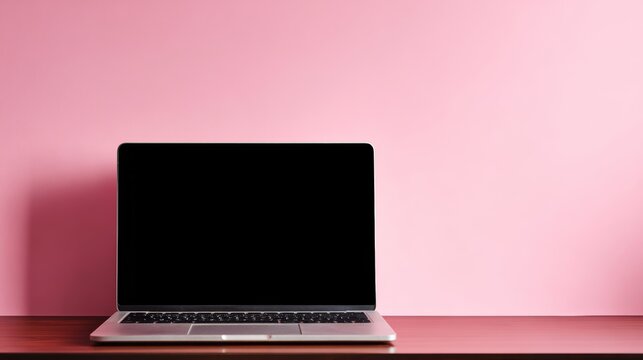 Minimalist workspace laptop on wooden table against pink wall in home environment