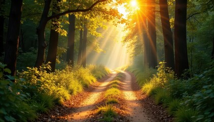 Obraz premium Dusty road winding through sunlit woods, vibrant foliage , summer, dirt road, adventure