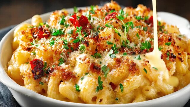 A delectable close-up showcases a mouthwatering serving of mac and cheese, capturing the enticing texture and flavor of the dish.