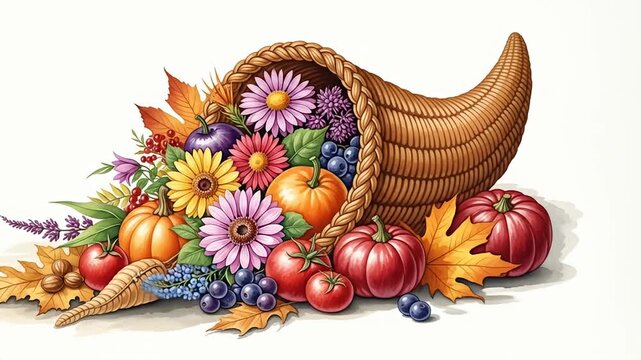 Festive cornucopia overflowing with autumn fruits, vegetables, flowers, and foliage, on white