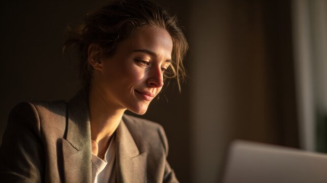 Focused woman working on laptop modern office professional environment warm lighting